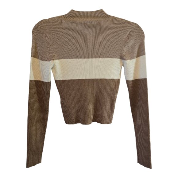 THE SLOPE LONG SLEEVE NEUTRAL BROWN CREAM COLOR BLOCK SWEATER CROPPED MEDIUM - Picture 4 of 7